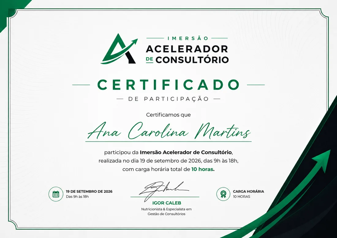 Modelo do certificado de participação da Imersão Acelerador de Consultório, com carga horária de 10 horas