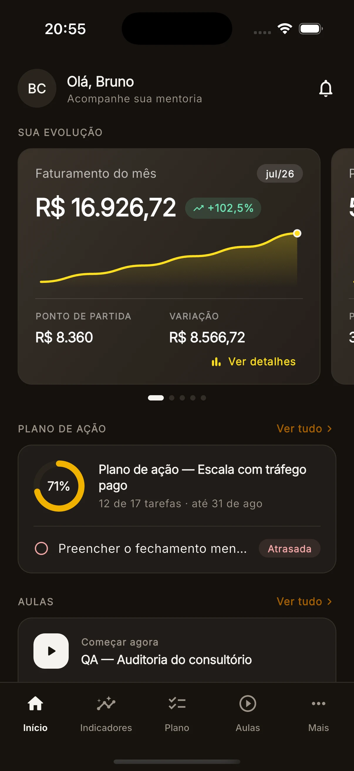 Tela do aplicativo da Kairos com indicadores, plano de ação, evolução e aulas